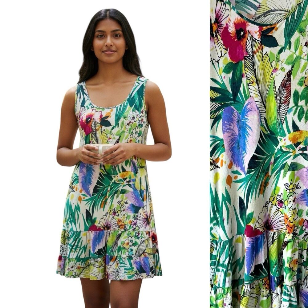 Jam’s World Vintage Hawaiin Tiered Tank Mini Dress Jungle Splash Foliage Medium
